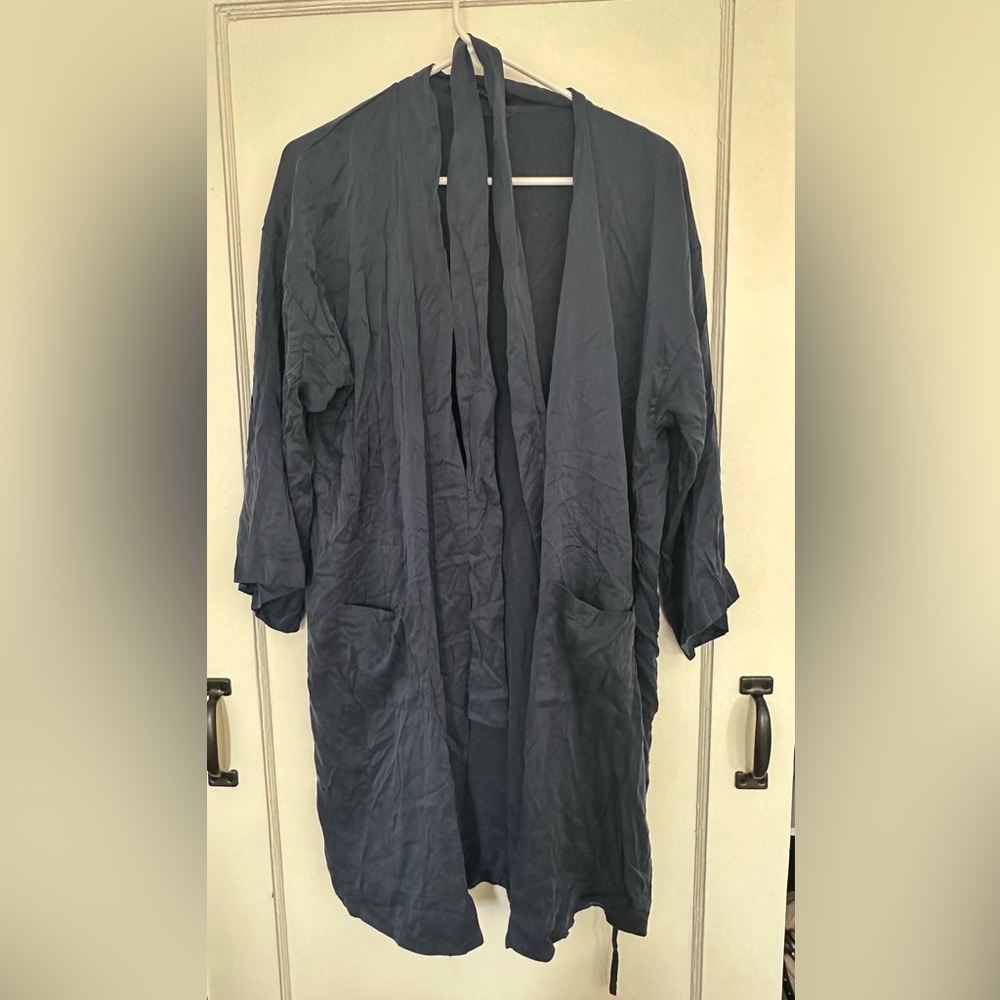 Quince Women's Indigo Blue Washable Silk Bath Robe and Matching Pants